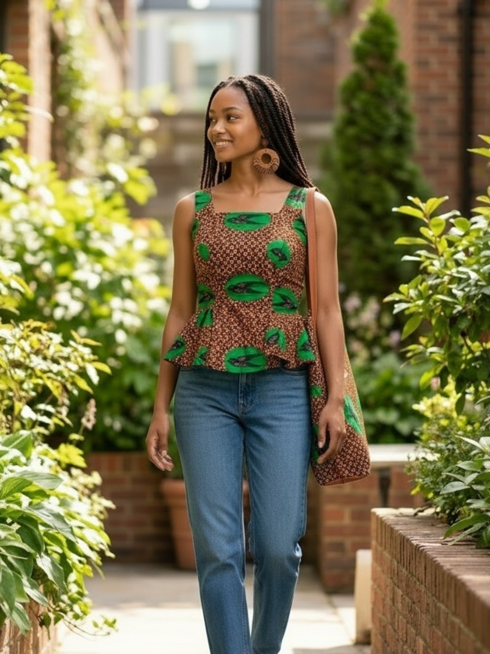 Sleeveless Brown & Green Peplum Top - Women's Patterned Tank